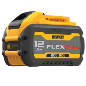 DEWALT FLEXVOLT 20V/60V MAX 12.0Ah lithium-ion battery pack shown on a white background, displaying FLEXVOLT branding, 12Ah capacity marking, dual-voltage label, rugged housing design, lithium-ion casing details, and integrated LED fuel gauge indicator.