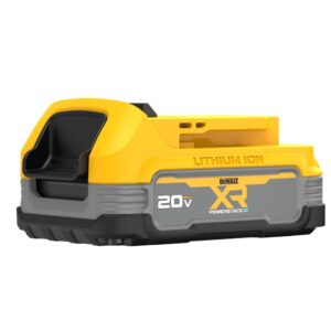 Angled view of DEWALT POWERSTACK compact 20V MAX lithium-ion battery showing XR branding label, molded “Lithium Ion” housing, slide-on rail interface, yellow casing, grey protective band, and black rubber base on white background.