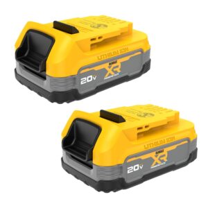 Two DEWALT POWERSTACK compact 20V MAX lithium-ion batteries shown in angled view on white background, displaying XR POWERSTACK branding labels, molded “Lithium Ion” housing, slide-on rail interfaces, yellow casings, grey protective bands, and black rubber bases.
