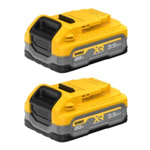 Two DEWALT XR POWERSTACK 20V MAX 3.5Ah lithium-ion batteries shown in angled view on white background, displaying XR POWERSTACK branding labels, “20V MAX” and “3.5Ah” capacity markings, molded “Lithium Ion” housing, yellow casings, grey protective bands, and black rubber bases.