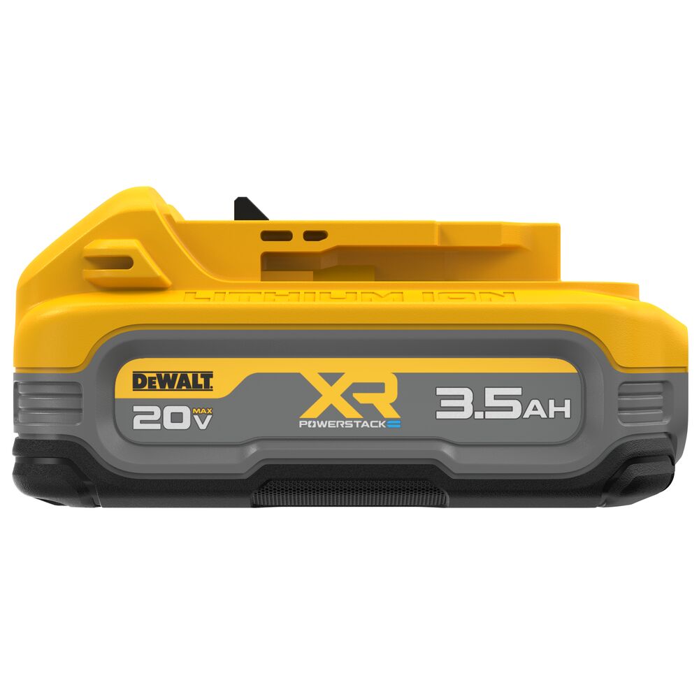 Straight side view of DEWALT XR POWERSTACK 20V MAX 3.5Ah lithium-ion battery on white background, showing XR POWERSTACK branding label, “20V MAX” and “3.5Ah” markings, yellow housing, grey protective band, and black rubber base.