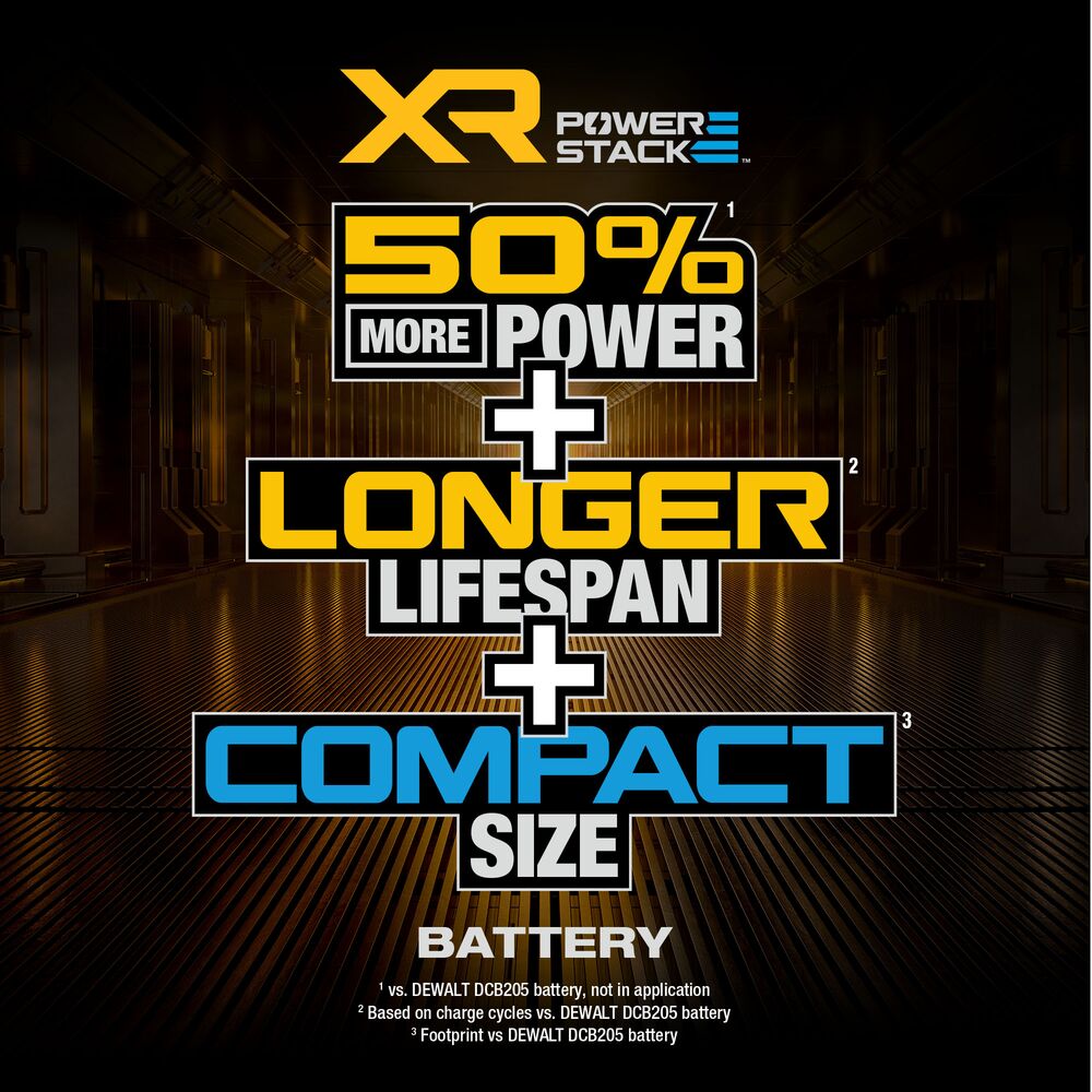 Graphic highlighting DEWALT XR POWERSTACK battery benefits with large on-image text reading “50% More Power,” “Longer Lifespan,” and “Compact Size,” displayed on a dark industrial background with XR POWERSTACK branding and small comparison disclaimer text at the bottom.