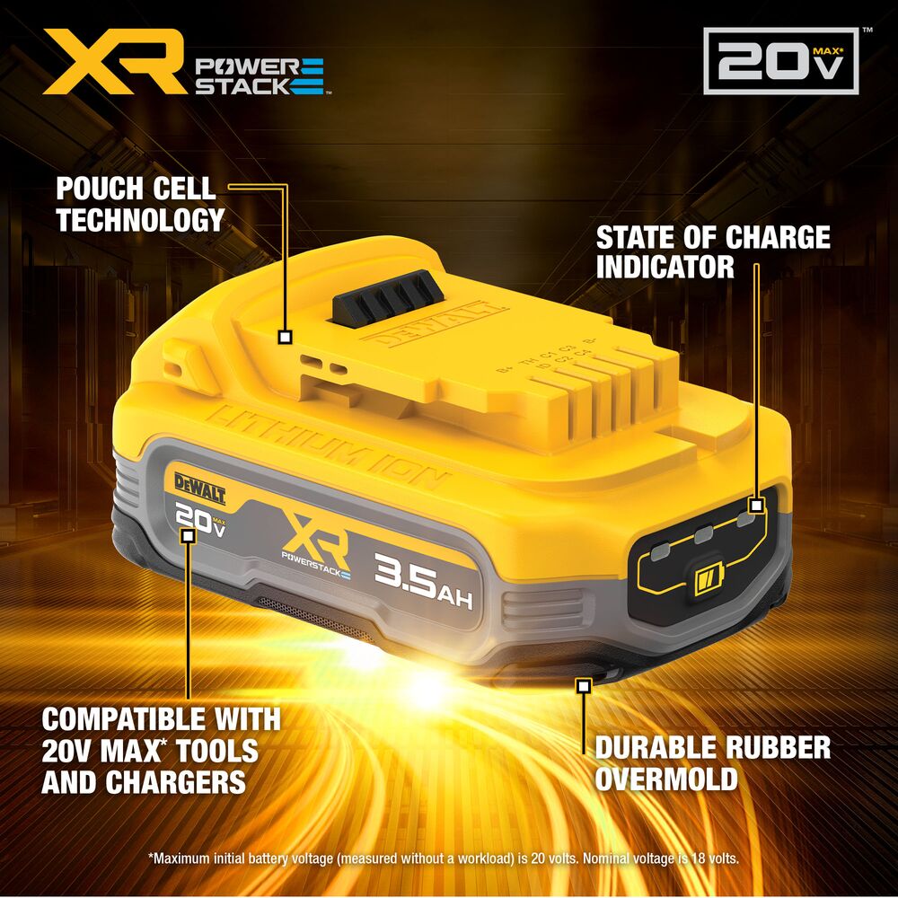 DEWALT XR POWERSTACK 20V MAX 3.5Ah battery shown in angled view with labeled callouts reading “Pouch Cell Technology,” “State of Charge Indicator,” “Compatible with 20V MAX Tools and Chargers,” and “Durable Rubber Overmold,” displayed on a glowing industrial background with XR POWERSTACK and 20V MAX branding and small disclaimer text at the bottom.