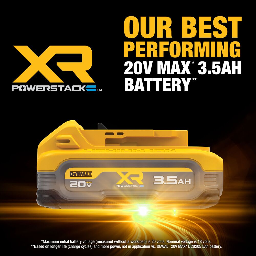 Graphic featuring DEWALT XR POWERSTACK 3.5Ah battery with large on-image text reading “Our Best Performing 20V MAX 3.5Ah Battery,” XR POWERSTACK logo, and side profile image of the battery on a dark background with glowing light effects and small disclaimer text at the bottom.
