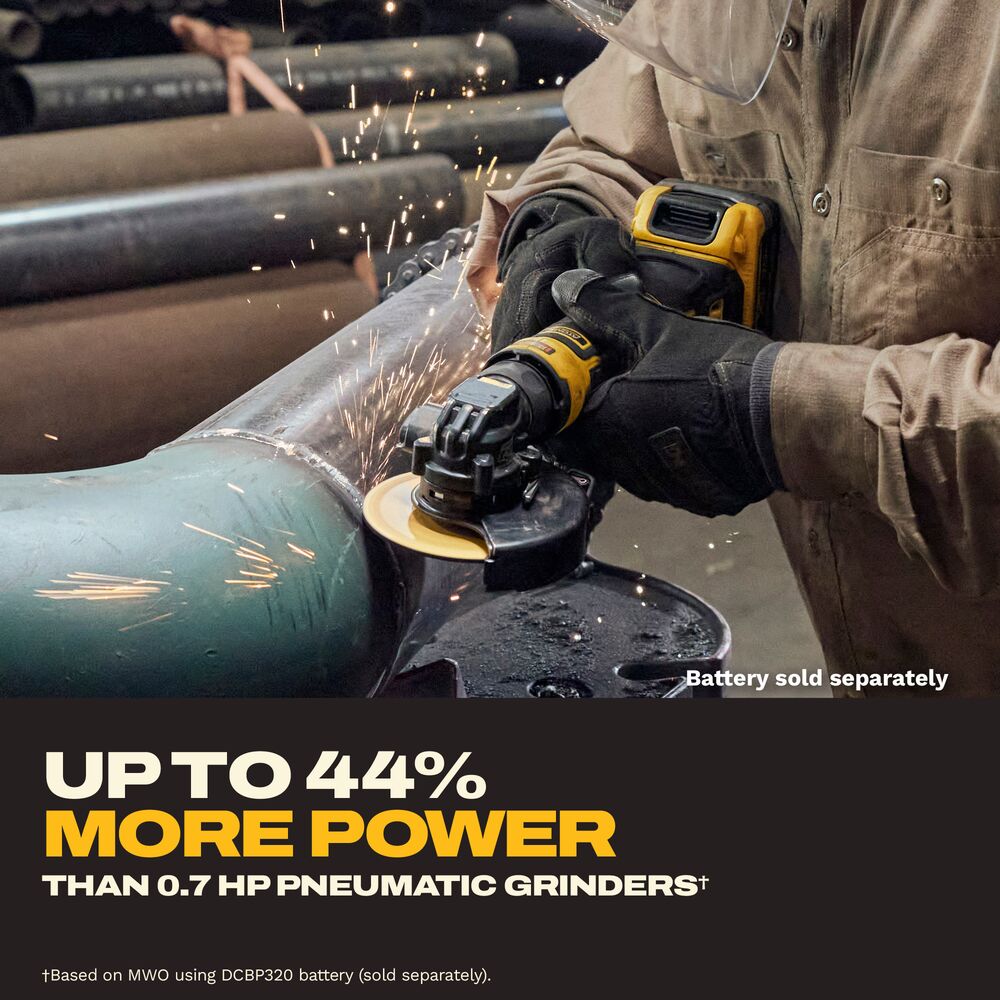 Person using a DEWALT XR cordless power tool fitted with POWERSTACK battery in a workshop setting, with on-image text reading “Up to 44% More Power” and small comparison disclaimer text visible at the bottom.