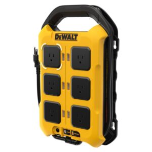 DEWALT DCBPC1615 15 amp power controller with six integrated AC outlets, yellow and black wall mount housing, carry handle, LED power status indicators, and attached power cord on a white background