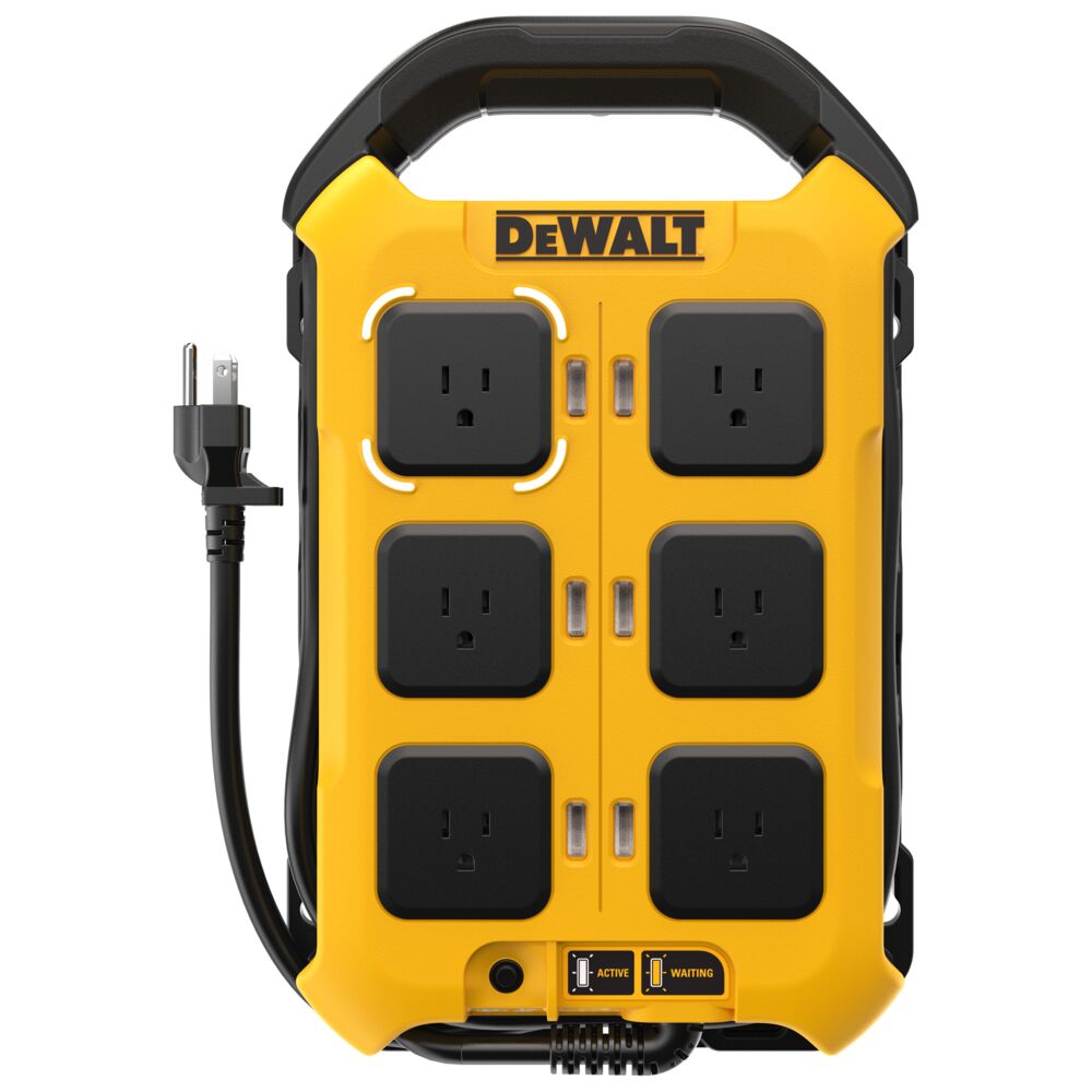 DEWALT DCBPC1615 15 amp power controller mounted vertically showing six black AC outlets on a yellow housing, integrated carry handle, side-mounted power cord, and wall mounting slots on a white background