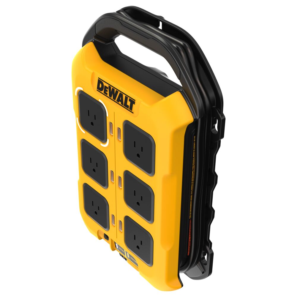 Angled side view of the DEWALT DCBPC1615 15 amp power controller showing six AC outlets on a yellow housing, integrated carry handle, stacked rear cord wrap, wall mounting slots, and black protective back panel on a white background