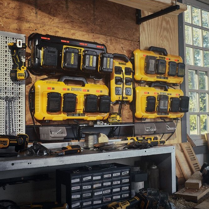 Workshop wall with multiple DEWALT multi-port battery chargers surrounding a power controller mounted above a workbench, charging several 20V batteries, with cordless tools, hand tools, storage bins, and a window providing natural light.