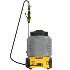 Rear view of DEWALT DCCS1100B 20V MAX XR concrete chemical backpack sprayer with 4-gallon tank, hose, and spray wand attached, shown on white background.