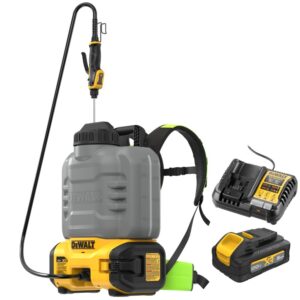 DEWALT DCCS1100GH1 20V MAX XR concrete chemical backpack sprayer kit on white background, showing 4-gallon tank, spray wand and hose, plus included Powerstack battery and charger beside the sprayer.