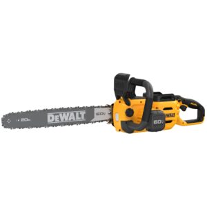 DEWALT 60V MAX brushless cordless chainsaw with 20 inch guide bar, chain brake lever, front wrap handle, rear trigger handle, and side chain tensioning cover on white background