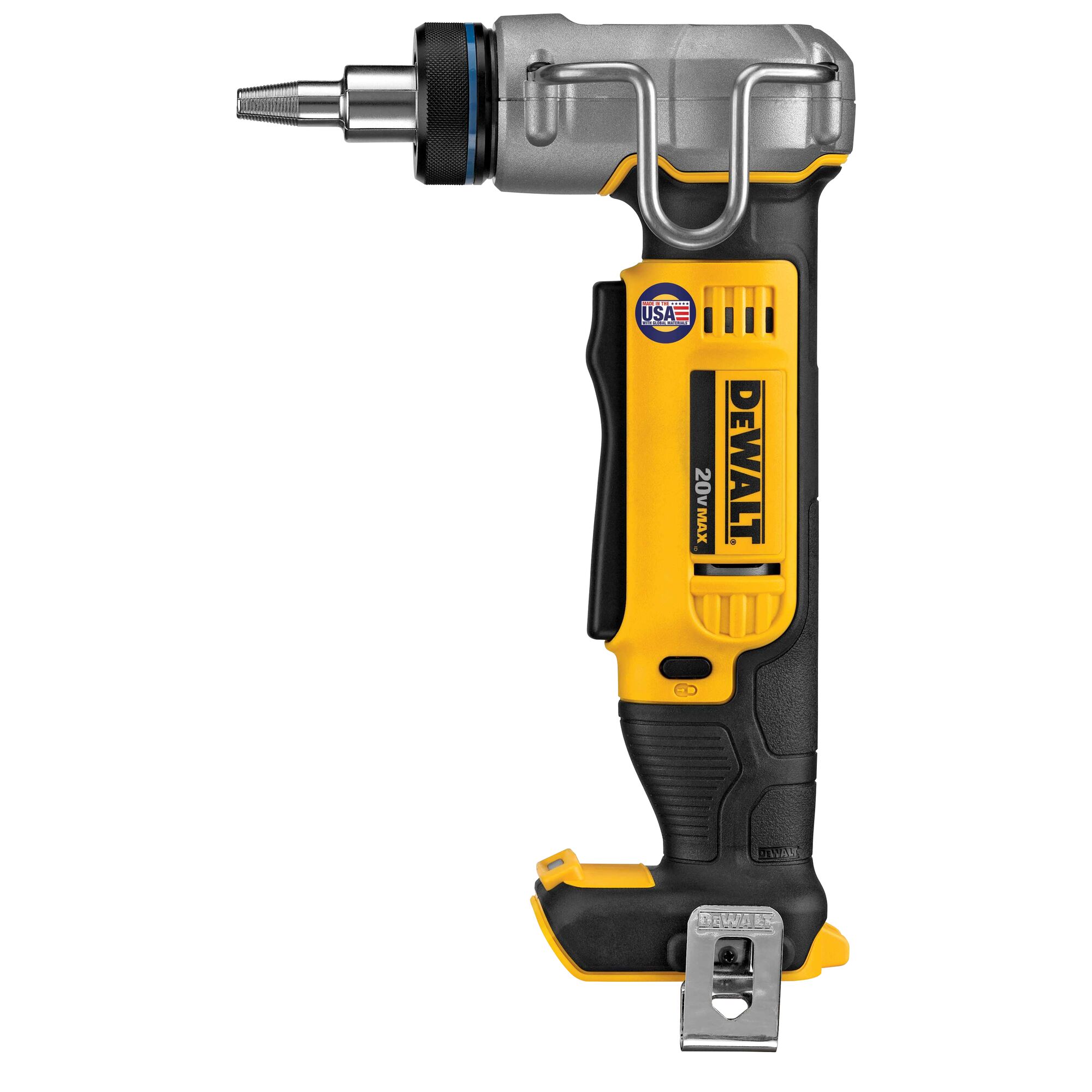 Side view of DEWALT 20V MAX cordless PEX expander with metal expansion head, dual hang hook, belt clip, textured rubber grip, and compact right-angle housing on white background.