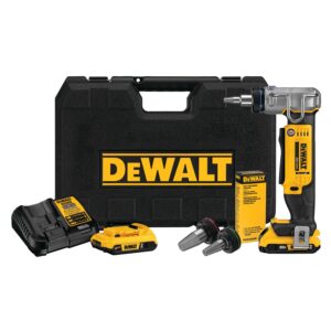 DEWALT DCE400D2 20V MAX cordless PEX expander kit displayed with hard carrying case, charger, two compact batteries, three PEX expander heads, grease tube, and assembled expander tool on a white background.