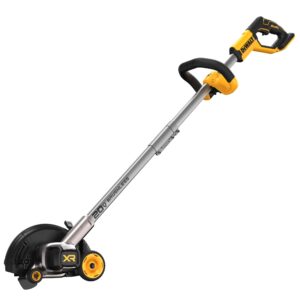 DEWALT DCED400B 20V MAX XR brushless cordless lawn edger with edge guide wheels, adjustable bail handle, depth adjustment housing, and steel edging blade on white background.