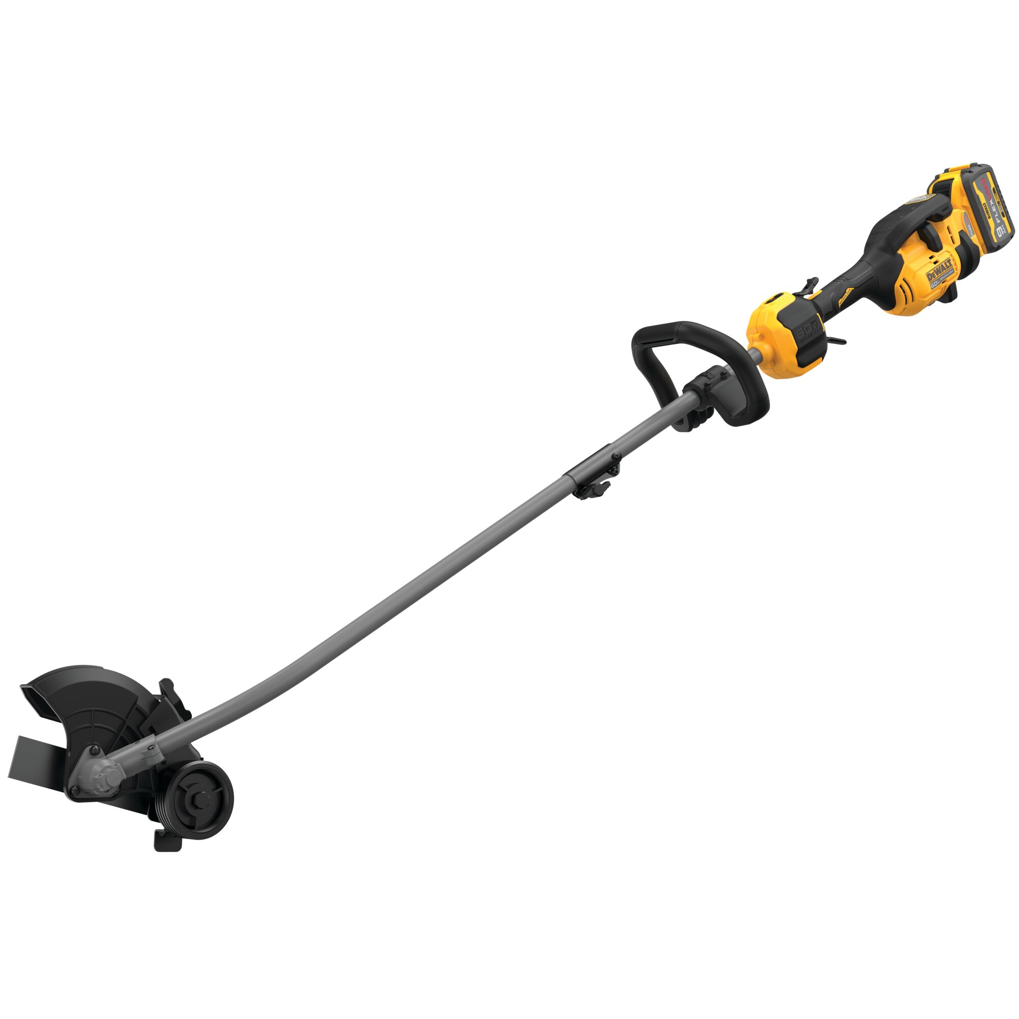 DEWALT 60V MAX attachment-capable edger with FLEXVOLT battery, curved shaft, guide wheel, and 7-1/2 inch steel edging blade on white background