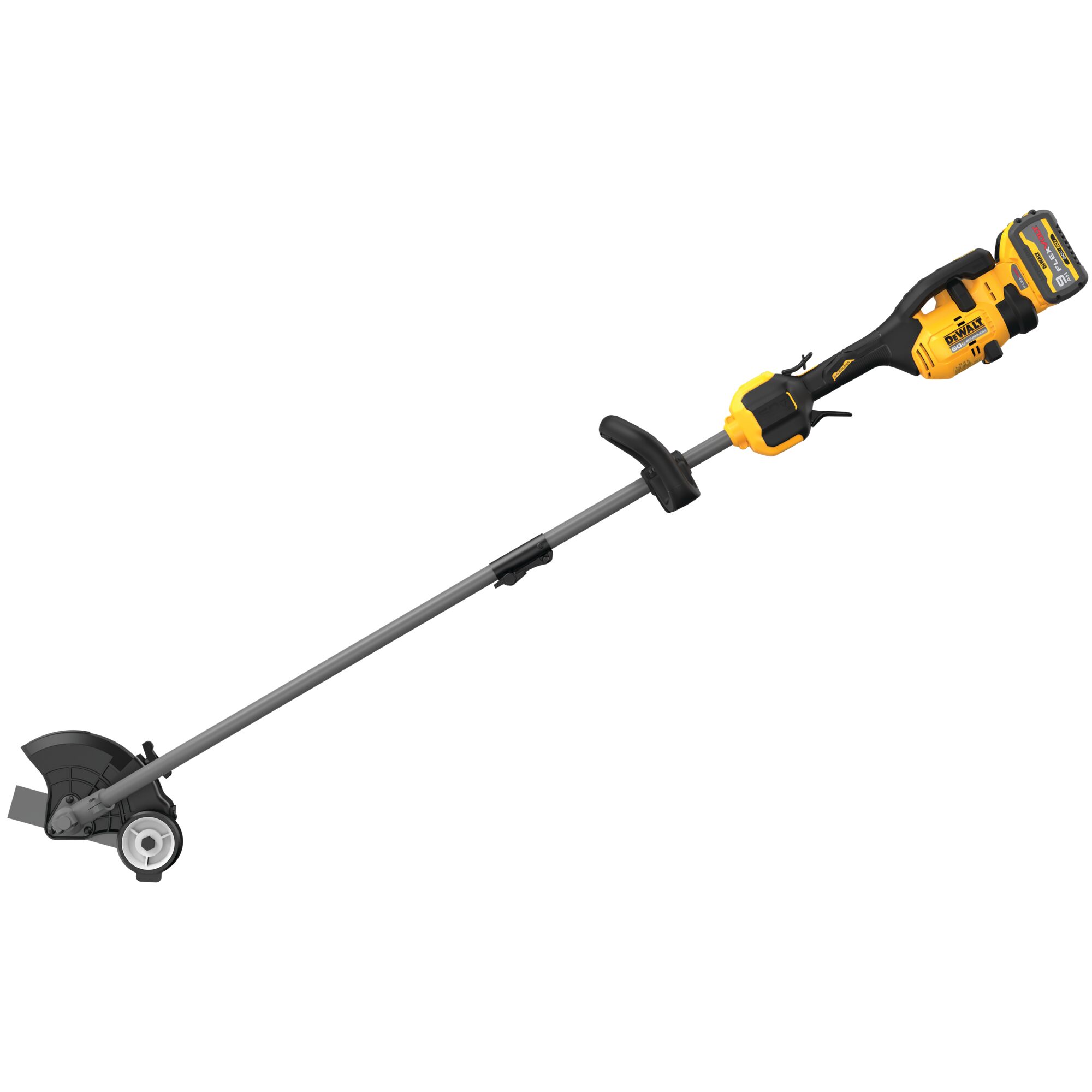 DEWALT 60V MAX attachment-capable edger with FLEXVOLT battery, straight shaft, auxiliary handle, guide wheel, and 7-1/2 inch edging blade on white background
