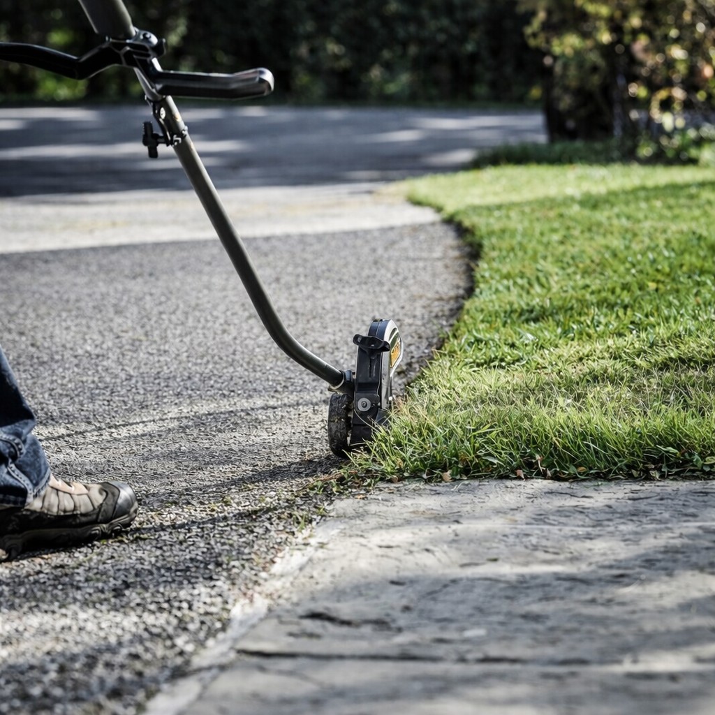 DEWALT 60V MAX edger cutting clean edge between lawn and asphalt driveway, close-up of guide wheel and steel blade in use