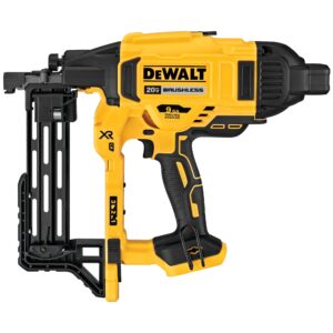 DEWALT DCFS950B 20V MAX XR 9-gauge cordless fencing stapler shown in side profile, featuring brushless motor housing, adjustable depth controls, belt hook, and open magazine without battery installed.