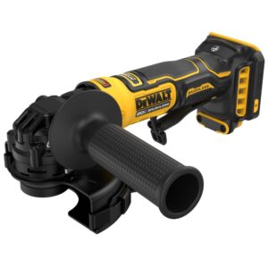 DEWALT DCG402B ATOMIC 20V MAX cordless angle grinder with side handle, brushless motor housing, clip-on guard, and compact low-profile body shown on white background