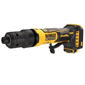 DEWALT DCG420B ATOMIC 20V MAX brushless cordless die grinder with compact inline body, variable speed paddle trigger, 1/4-inch collet nose, and ergonomic rubber overmold grip on a white background.