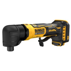 DEWALT ATOMIC 20V MAX brushless right angle die grinder showing compact low-profile head, ergonomic rubberized grip, paddle switch, and battery interface on white background