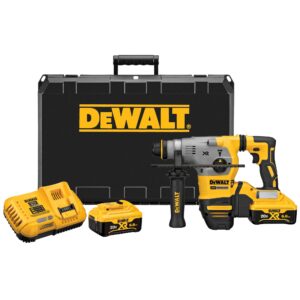 DEWALT 20V MAX XR SDS Plus rotary hammer kit with L-shape hammer drill, two 6.0Ah batteries, fast charger, side handle, depth rod, and black DEWALT hard carrying case on white background