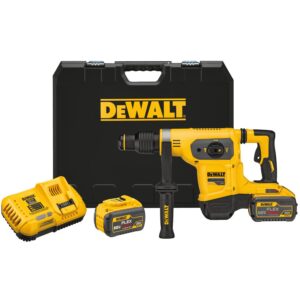 DEWALT DCH481X2 60V MAX SDS-MAX rotary hammer kit with 1-9/16 in combination hammer, side handle installed, two FLEXVOLT batteries, fast charger, and black DEWALT hard carrying case displayed on white background.