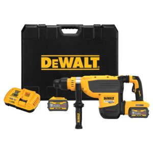 DEWALT DCH735X2 60V MAX 1-7/8 inch SDS MAX brushless cordless rotary hammer kit with hard case, fast charger, two FLEXVOLT 9Ah batteries, and side handle on white background