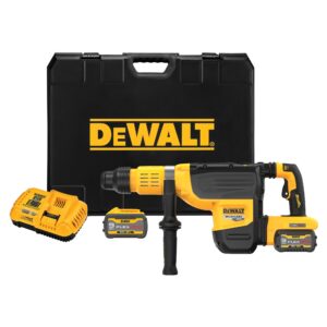 Front view of DEWALT DCH775X2 60V MAX brushless SDS MAX rotary hammer kit with side handle installed, two FLEXVOLT 9Ah batteries, fast charger, and black hard carrying case on white background