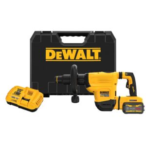 DEWALT DCH832X1 60V MAX SDS Max cordless chipping hammer kit with 9.0Ah FLEXVOLT battery, fast charger, side handle, and hard carrying case on white background