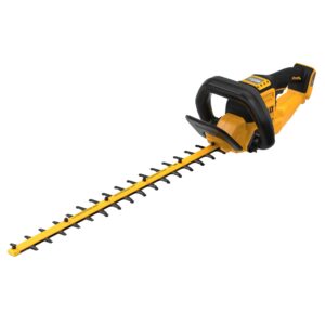 DEWALT 60V MAX brushless cordless hedge trimmer with 26 inch dual-action blade, wrap-around auxiliary handle, rear trigger handle, and blade guard on white background