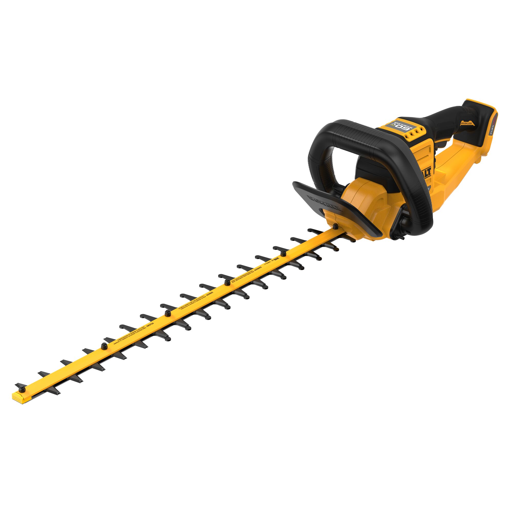 DEWALT 60V MAX brushless cordless hedge trimmer with 26 inch dual-action blade, wrap-around auxiliary handle, rear trigger handle, and blade guard on white background