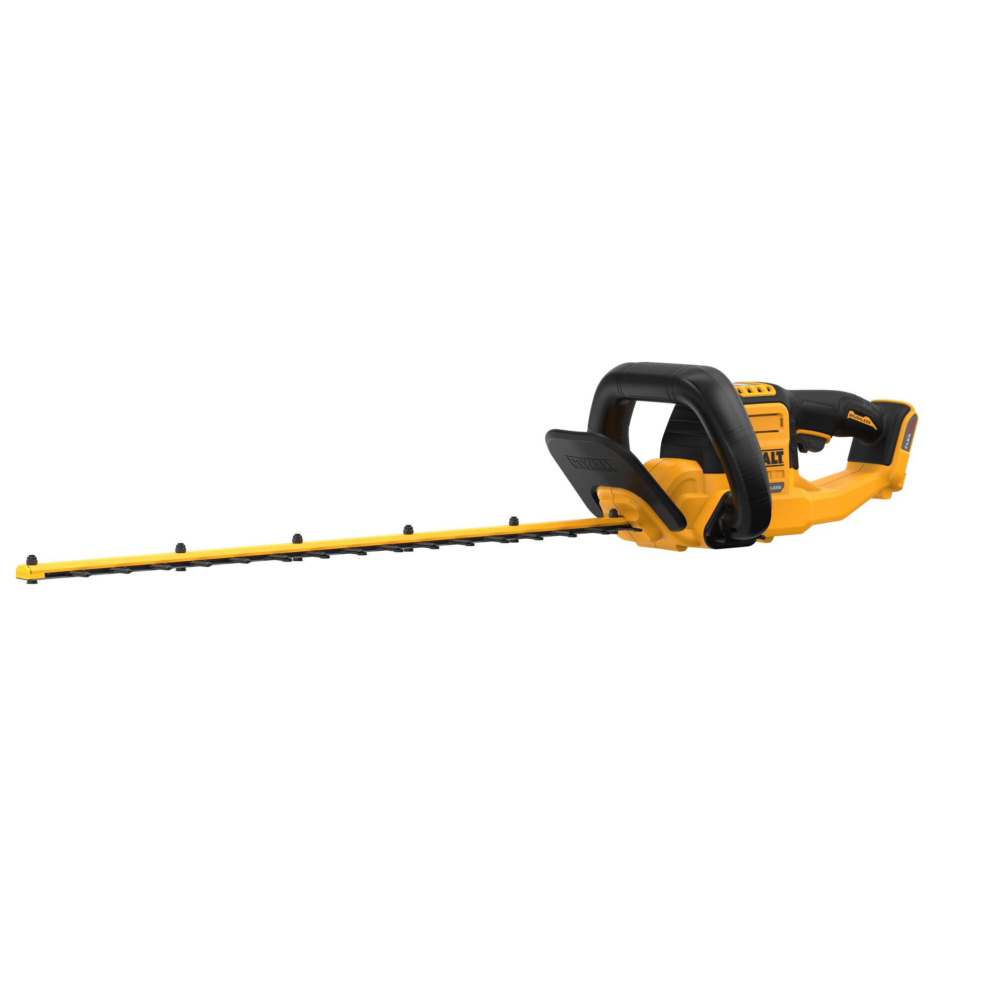 Angled front view of DEWALT 60V MAX brushless cordless hedge trimmer showing blade guard, wrap-around auxiliary handle, front housing, and full 26 inch cutting blade on white background