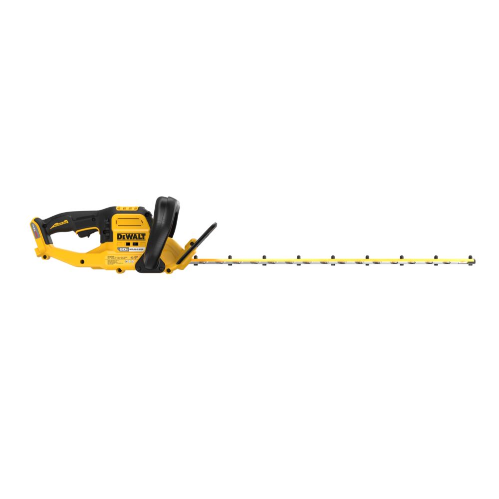 Opposite side profile of DEWALT 60V MAX brushless cordless hedge trimmer showing motor housing label, wrap-around auxiliary handle, rear handle grip, blade guard, and full 26 inch cutting blade on white background