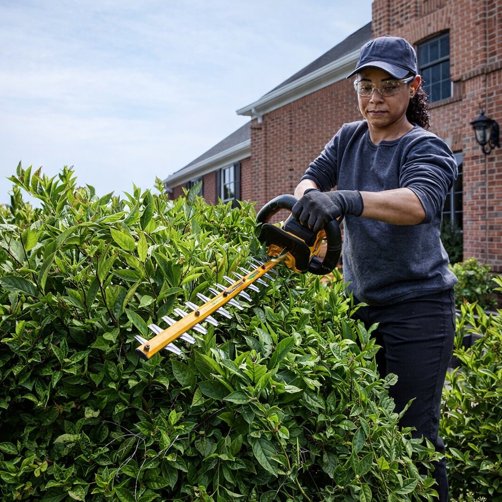Person trimming dense hedge with DEWALT 60V MAX brushless cordless hedge trimmer outdoors, showing wrap-around auxiliary handle, extended cutting blade, and controlled cutting motion near a residential building