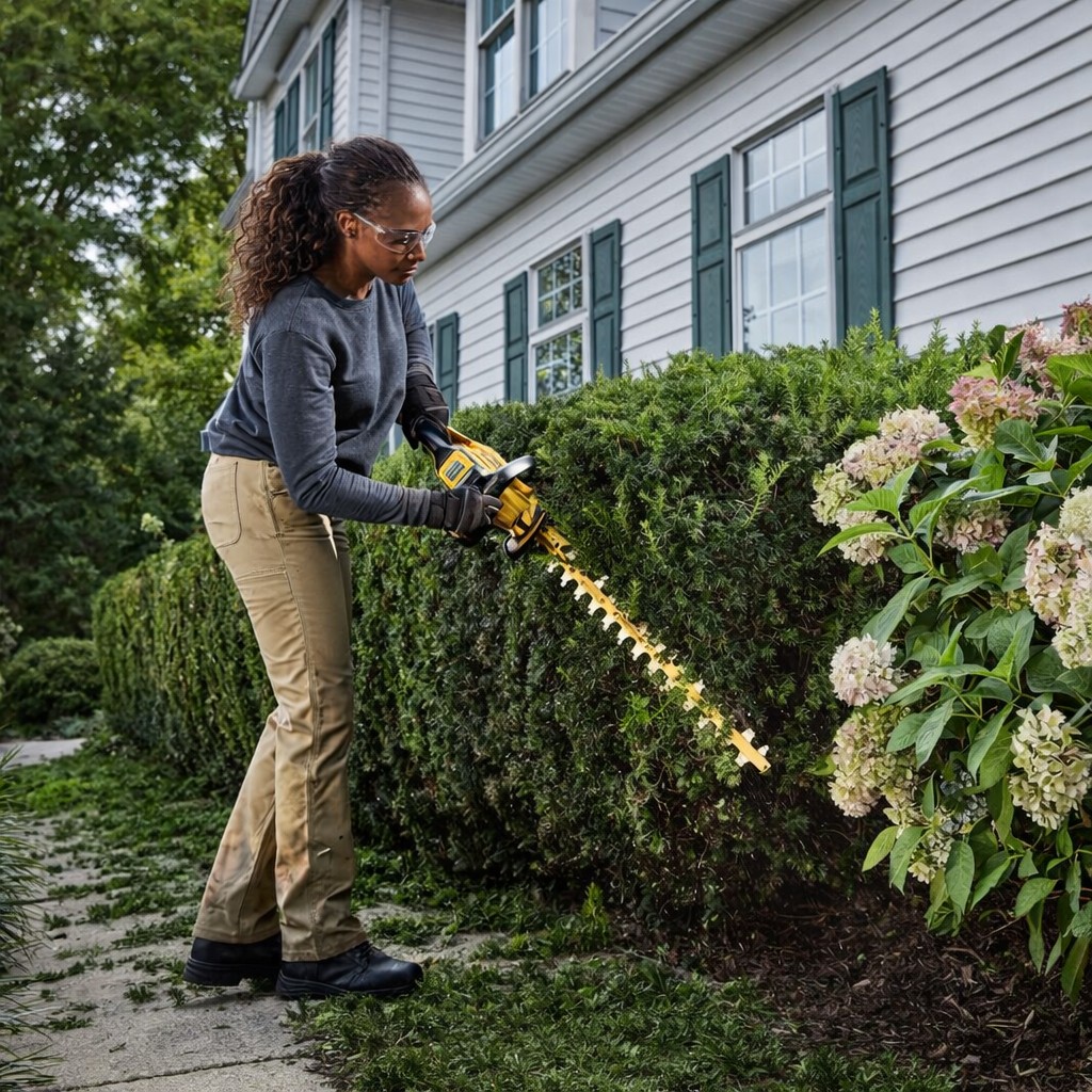Person using DEWALT 60V MAX brushless cordless hedge trimmer to shape tall hedge along residential walkway, showing extended cutting blade, two-handed control, and clean trimming path beside home exterior
