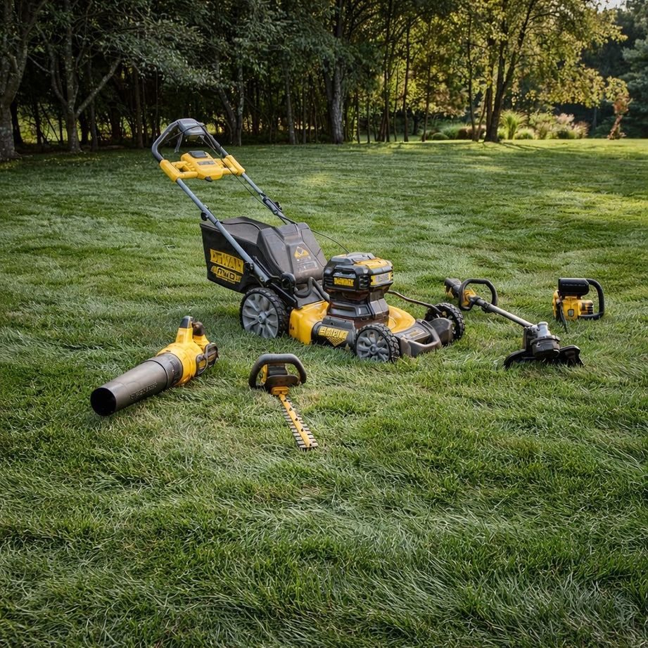 DEWALT cordless outdoor power equipment lineup displayed on a grassy lawn, including lawn mower, hedge trimmer, leaf blower, string trimmer, and battery tools arranged in a landscaped yard setting