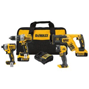 DEWALT 20V MAX XR 4-tool combo kit showing hammer drill, impact driver, compact reciprocating saw, LED work light, two 5Ah XR batteries, charger, and contractor bag on white background