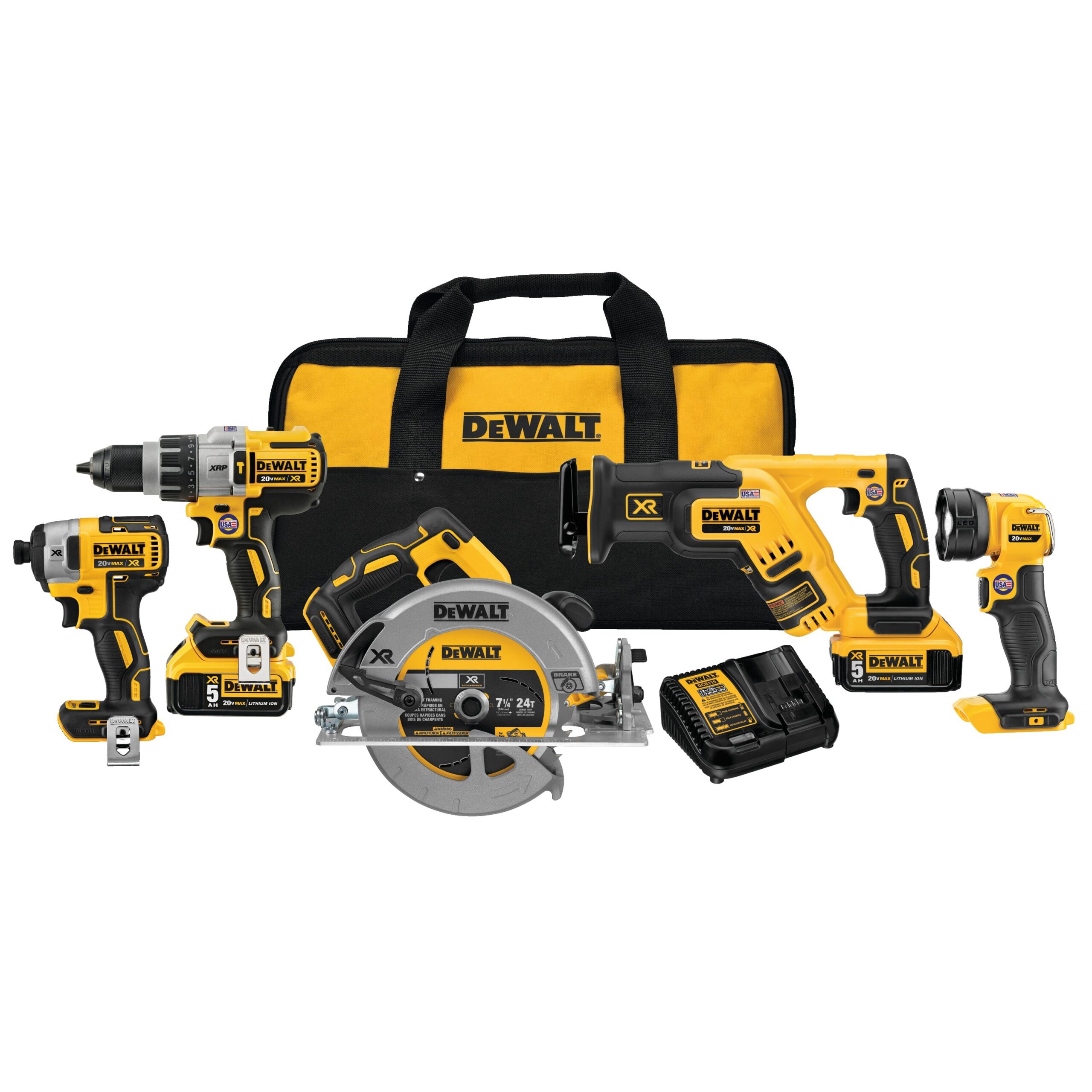 DEWALT DCK594P2 20V MAX XR 5-tool combo kit displayed with hammer drill, impact driver, 7-1/4 inch circular saw, compact reciprocating saw, LED work light, two 5Ah batteries, charger, and contractor bag arranged on a white background.