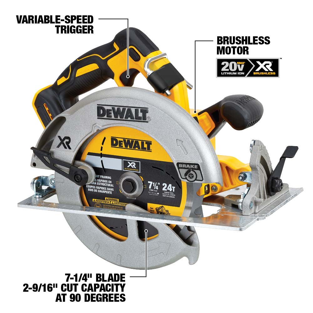 DEWALT 20V MAX XR 7-1/4 inch brushless circular saw shown in right side view with on-image callouts highlighting the variable-speed trigger, brushless motor, and 2-9/16 inch cut capacity at 90 degrees, isolated on a white background.