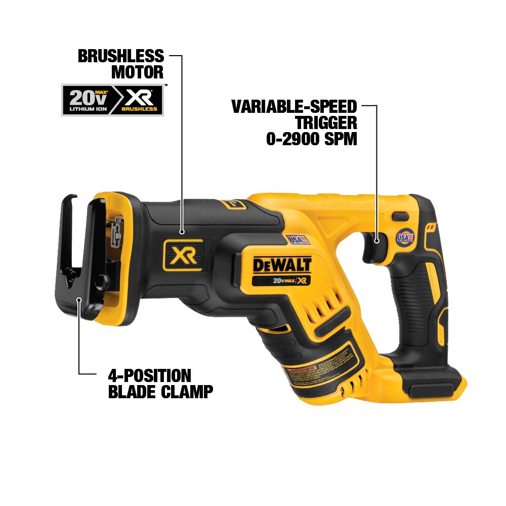 DEWALT 20V MAX XR brushless compact reciprocating saw shown in left side view with on-image callouts highlighting the brushless motor, variable-speed trigger rated 0–2900 SPM, and 4-position blade clamp, isolated on a white background.