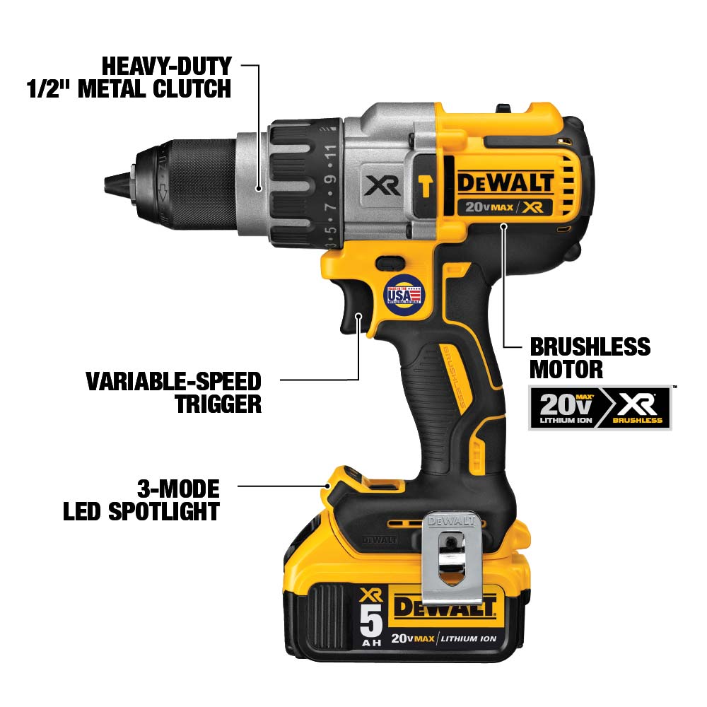 DEWALT 20V MAX XR brushless hammer drill shown in left side view with on-image callouts highlighting the heavy-duty 1/2 inch metal clutch, variable-speed trigger, 3-mode LED spotlight, and brushless motor, isolated on a white background.
