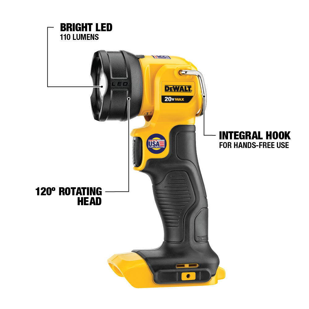 DEWALT 20V MAX LED work light shown in left side view with on-image callouts highlighting the 110-lumen bright LED, 120-degree rotating head, and integrated hook for hands-free use, isolated on a white background.