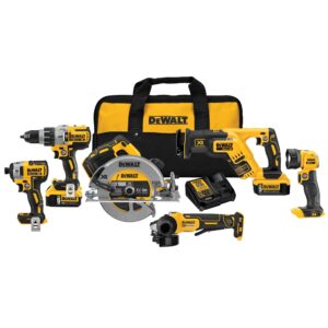 DEWALT 20V MAX XR 6-tool combo kit with hammer drill, impact driver, 7-1/4 in circular saw, compact reciprocating saw, angle grinder, LED work light, two 5Ah batteries, charger, and contractor bag displayed on white background.
