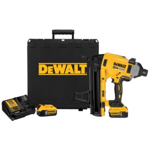 DEWALT DCN890 XR cordless concrete nailer kit with nailer, hard carrying case, two 20V MAX XR 5.0Ah batteries, and charger displayed on a white background.