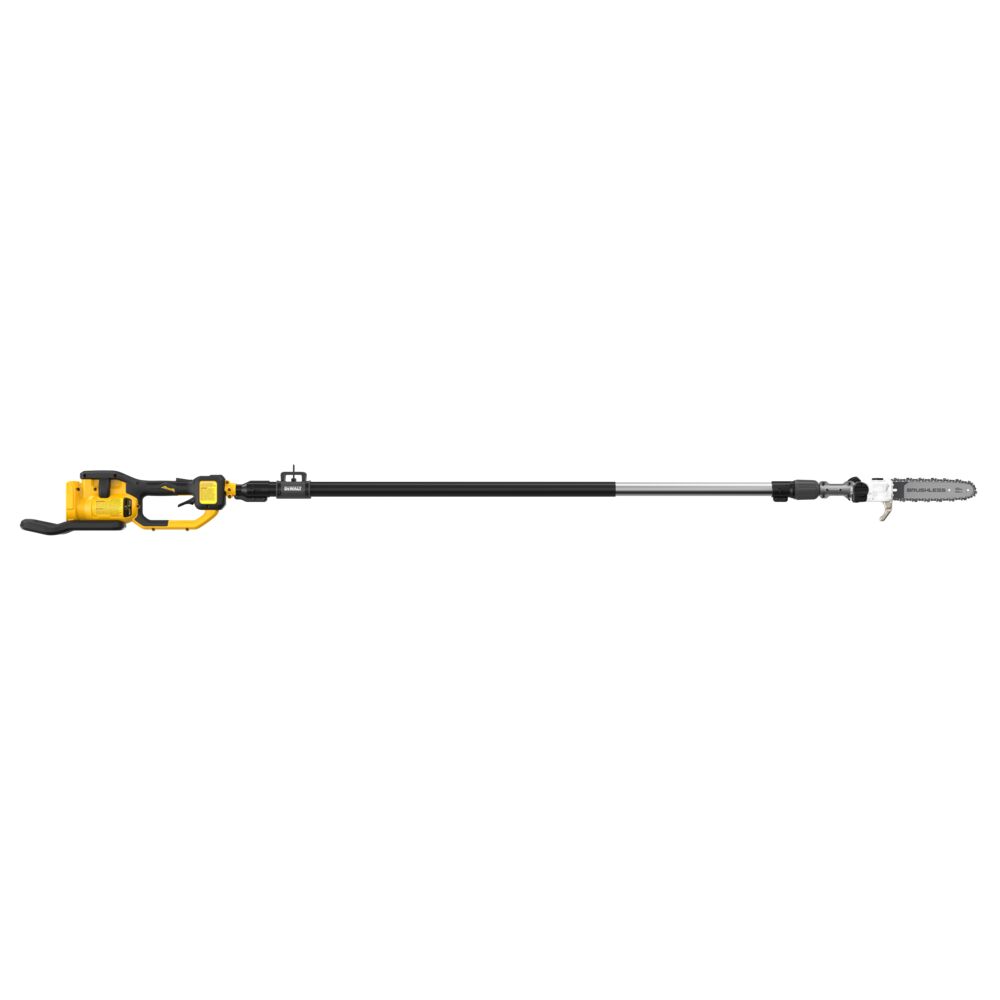 DEWALT DCPS675B-CA 60V MAX brushless cordless pole saw with extended telescoping shaft and compact chainsaw cutting head, isolated on a white background.