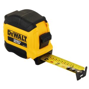DEWALT ATOMIC 25 ft tape measure with yellow and black compact housing, belt clip on side, and extended steel blade showing high-contrast fractional inch markings and metal end hook