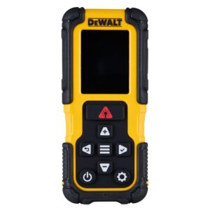 DEWALT DWHT78200 200 ft. Lithium-Ion Laser Distance Measure product image showing the handheld yellow and black laser measuring tool from the front with a large backlit display, navigation buttons, and protective rubber overmould.