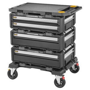 DEWALT ToughSystem 2.0 DXL 5-in-1 rolling storage tower with three stacked metal drawer modules, unlocked drawers, reinforced 30-inch work surface on top, and heavy-duty caster wheels on a white background.
